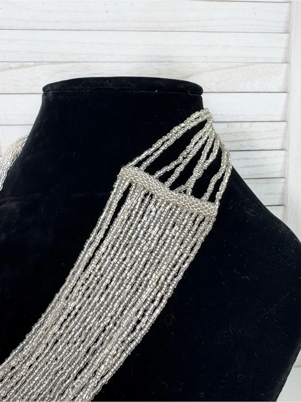 QVC‎ Vintage Beaded Multi Strand Waterfall Statement Necklace Silver Clear